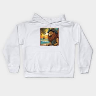 Lion with a Pirate hat  on a Tropical Beach Kids Hoodie